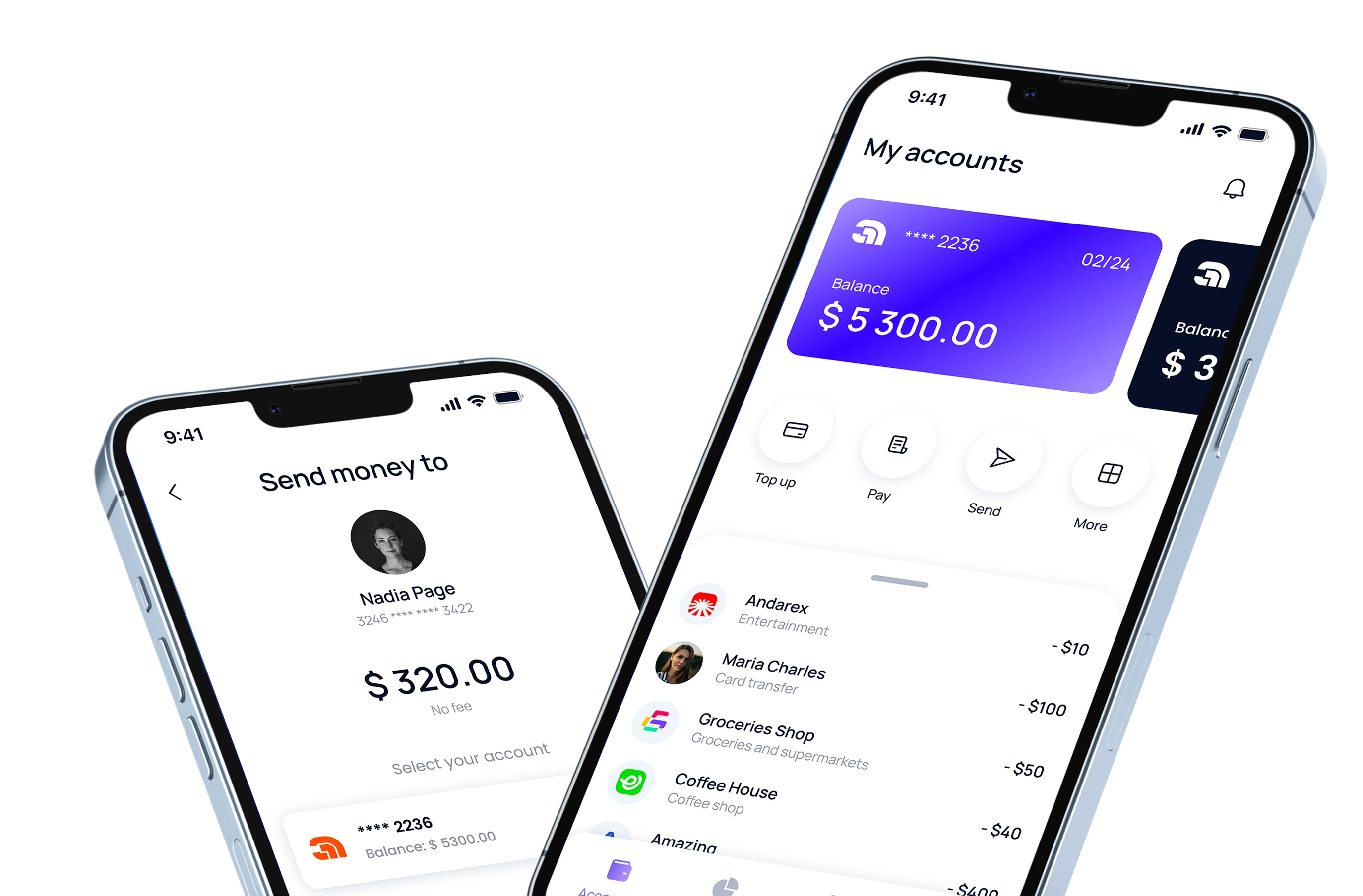 Two smartphones displaying digital banking app screens showing account balance, recent transactions, and a money transfer to Nadia Page for $320 with no fee.